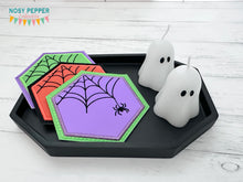 Load image into Gallery viewer, Spider Web hexie applique coaster 4x4 machine embroidery design DIGITAL DOWNLOAD