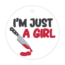 Load image into Gallery viewer, I'm Just A Girl bag tag/ornament/bookmark machine embroidery design DIGITAL DOWNLOAD