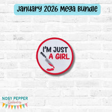 Load image into Gallery viewer, I'm Just A Girl patch (2 sizes included) machine embroidery design DIGITAL DOWNLOAD