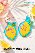 Load image into Gallery viewer, Lemon applique shaker snap tab and eyelet fob set (single and multi files included) machine embroidery design DIGITAL DOWNLOAD