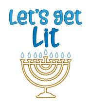 Load image into Gallery viewer, Lets Get Lit Menorah machine embroidery design (5 sizes included) DIGITAL DOWNLOAD