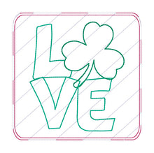 Load image into Gallery viewer, Love Shamrock raw edge applique mug rug machine embroidery design (4 sizes, envelope and turned styles included) DIGITAL DOWNLOAD