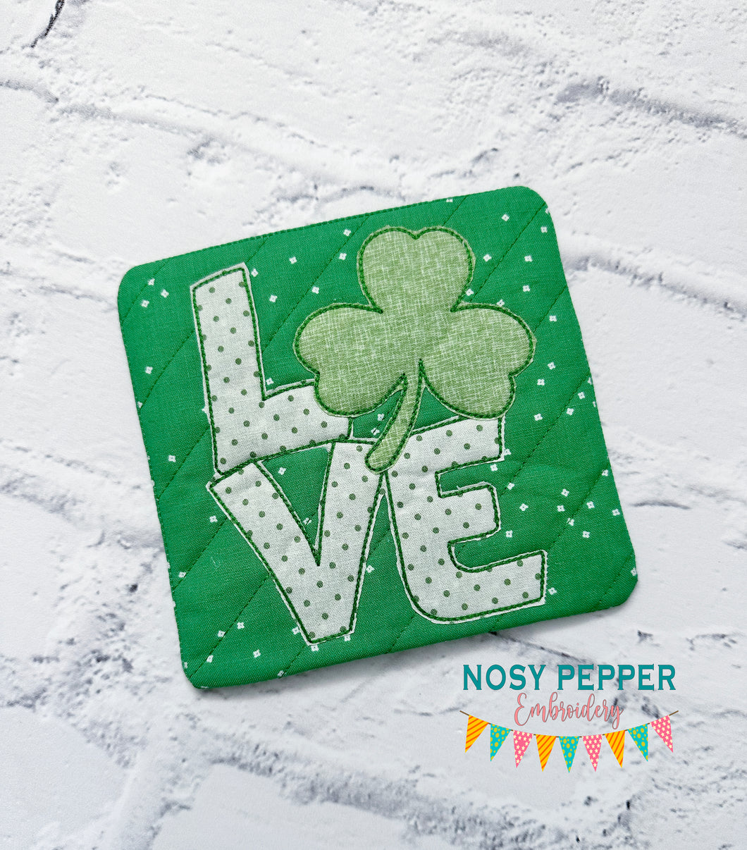 Love Shamrock raw edge applique mug rug machine embroidery design (4 sizes, envelope and turned styles included) DIGITAL DOWNLOAD