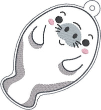 Load image into Gallery viewer, Manatee set machine embroidery file 2024 SKILL BUILDER BUNDLE (bookmark/bag tag/ornament, snaptab and eyelet fob included with single and multi files) DIGITAL DOWNLOAD