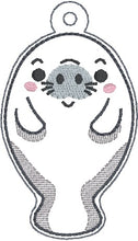 Load image into Gallery viewer, Manatee set machine embroidery file 2024 SKILL BUILDER BUNDLE (bookmark/bag tag/ornament, snaptab and eyelet fob included with single and multi files) DIGITAL DOWNLOAD