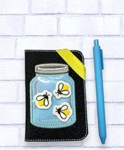 Load image into Gallery viewer,  Mason Jar applique shaker Notebook Cover with firefly felties (2 sizes available) machine embroidery design DIGITAL DOWNLOAD