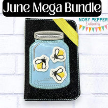 Load image into Gallery viewer, Mason Jar applique shaker Notebook Cover with firefly felties (2 sizes available) machine embroidery design DIGITAL DOWNLOAD