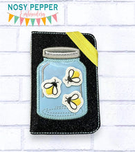 Load image into Gallery viewer, Mason Jar applique shaker Notebook Cover with firefly felties (2 sizes available) machine embroidery design DIGITAL DOWNLOAD