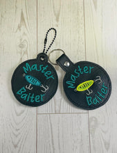 Load image into Gallery viewer, Master Baiter snap tab and eyelet fob set (single and multi files included) machine embroidery design DIGITAL DOWNLOAD