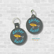 Load image into Gallery viewer, Master Baiter snap tab and eyelet fob set (single and multi files included) machine embroidery design DIGITAL DOWNLOAD