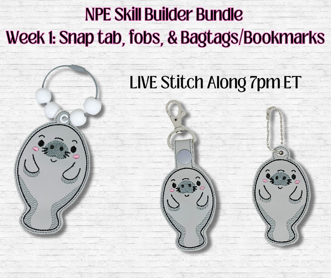 Manatee set machine embroidery file 2024 SKILL BUILDER BUNDLE (bookmark/bag tag/ornament, snaptab and eyelet fob included with single and multi files) DIGITAL DOWNLOAD