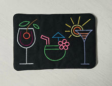 Load image into Gallery viewer, Neon Cocktail mug rug machine embroidery design (4 sizes, envelope and turned styles included) DIGITAL DOWNLOAD