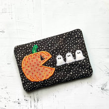 Load image into Gallery viewer, Pac Pumpkin appliqué mug rug machine embroidery design (4 sizes, envelope and turned styles included) DIGITAL DOWNLOAD