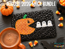 Load image into Gallery viewer, Pac Pumpkin appliqué mug rug machine embroidery design (4 sizes, envelope and turned styles included) DIGITAL DOWNLOAD