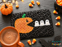 Load image into Gallery viewer, Pac Pumpkin appliqué mug rug machine embroidery design (4 sizes, envelope and turned styles included) DIGITAL DOWNLOAD