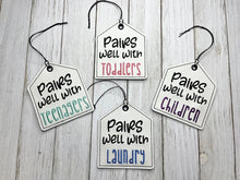 Load image into Gallery viewer, Parenting wine tags (set of 4 designs) machine embroidery design DIGITAL DOWNLOAD