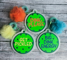 Load image into Gallery viewer, Pickleball appliqué bag tag set (3 designs included) machine embroidery design DIGITAL DOWNLOAD