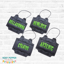Load image into Gallery viewer, Poison wine tags (set of 4 designs) machine embroidery design DIGITAL DOWNLOAD