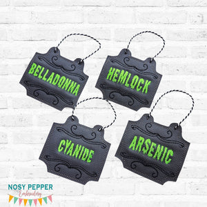 Poison wine tags (set of 4 designs) machine embroidery design DIGITAL DOWNLOAD