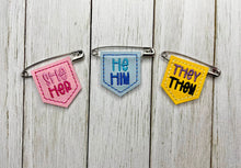 Load image into Gallery viewer, Pronoun feltie tags embroidery file (3 designs and multi file included) DIGITAL DOWNLOAD