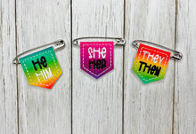 Load image into Gallery viewer, Pronoun feltie tags embroidery file (3 designs and multi file included) DIGITAL DOWNLOAD