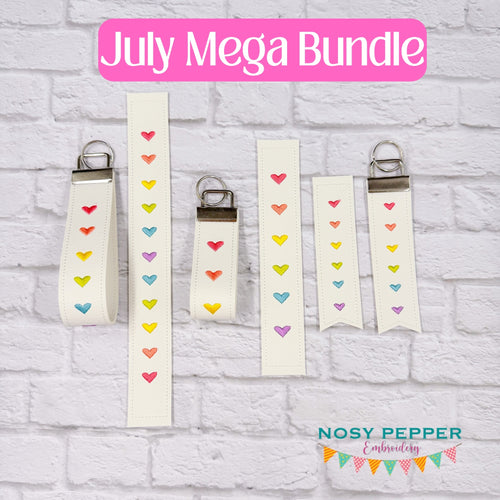 Rainbow Heart fob set machine embroidery file (3 sizes, single and multi files included) July Mystery Bundle '24 DIGITAL DOWNLOAD