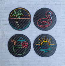 Load image into Gallery viewer, Retro Neon coaster set machine embroidery design (4 designs included) DIGITAL DOWNLOAD