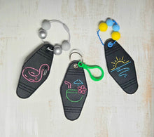 Load image into Gallery viewer, Retro Neon Motel fob set (3 designs included) machine embroidery design DIGITAL DOWNLOAD