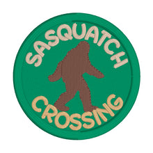 Load image into Gallery viewer, Sasquatch Crossing patch (2 sizes included) machine embroidery design DIGITAL DOWNLOAD