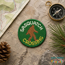 Load image into Gallery viewer, Sasquatch Crossing patch (2 sizes included) machine embroidery design DIGITAL DOWNLOAD