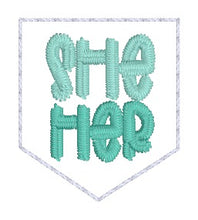 Load image into Gallery viewer, Pronoun feltie tags embroidery file (3 designs and multi file included) DIGITAL DOWNLOAD