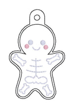 Load image into Gallery viewer, Skeleton Gingerbread snap tab and eyelet fob set (single and multi files included) machine embroidery design DIGITAL DOWNLOAD