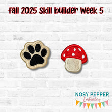Load image into Gallery viewer, Paw and Toadstool mini patch set (2 sizes included) Fall 25 Skill Builder Bundle machine embroidery design DIGITAL DOWNLOAD