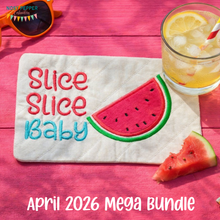 Load image into Gallery viewer, Slice Slice Baby applique mug rug machine embroidery design (4 sizes, envelope and turned styles included) DIGITAL DOWNLOAD