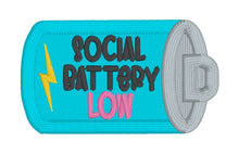 Load image into Gallery viewer, Social Battery Low patch (2 sizes included) machine embroidery design DIGITAL DOWNLOAD