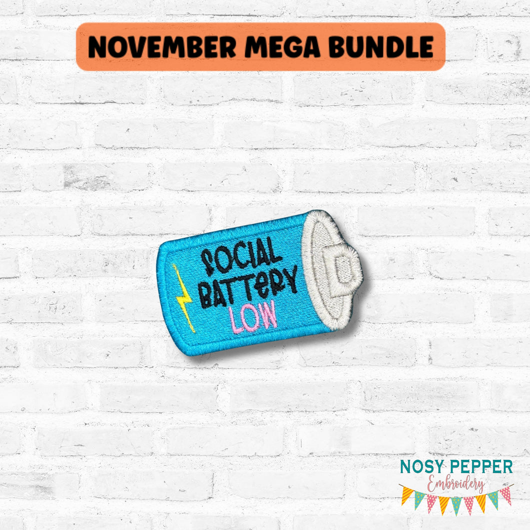 Social Battery Low patch (2 sizes included) machine embroidery design DIGITAL DOWNLOAD