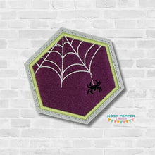 Load image into Gallery viewer, Spider Web hexie applique coaster 4x4 machine embroidery design DIGITAL DOWNLOAD