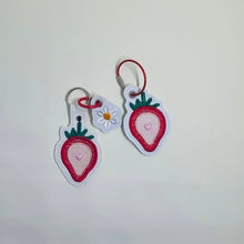 Load image into Gallery viewer, Strawberry Flower snap tab and eyelet fob set with charm (single and multi files included) machine embroidery design DIGITAL DOWNLOAD