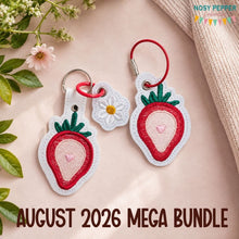 Load image into Gallery viewer, Strawberry Flower snap tab and eyelet fob set with charm (single and multi files included) machine embroidery design DIGITAL DOWNLOAD