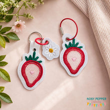 Load image into Gallery viewer, Strawberry Flower snap tab and eyelet fob set with charm (single and multi files included) machine embroidery design DIGITAL DOWNLOAD