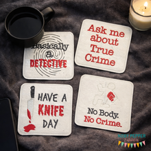 Load image into Gallery viewer, Detective Coaster Set (4 Designs) 4x4 machine embroidery design DIGITAL DOWNLOAD