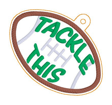 Load image into Gallery viewer, Football appliqué bag tag set (3 designs included) machine embroidery design DIGITAL DOWNLOAD