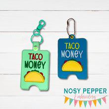 Load image into Gallery viewer, Taco Money applique lanyard card case machine embroidery design (eyelet and snap tab designs included) DIGITAL DOWNLOAD