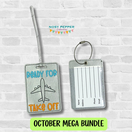 Ready For Takeoff luggage tag set machine embroidery design DIGITAL DOWNLOAD