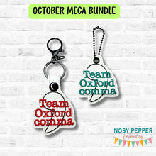 Load image into Gallery viewer, Team Oxford Comma snap tab and eyelet fob set (single and multi files included) machine embroidery design DIGITAL DOWNLOAD