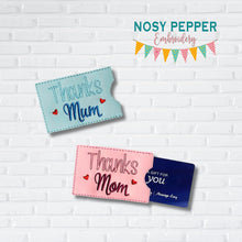 Load image into Gallery viewer, Thanks Mom Gift Card holder (US &amp; UK versions) machine embroidery design 4x4 DIGITAL DOWNLOAD