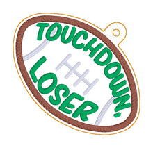 Load image into Gallery viewer, Football appliqué bag tag set (3 designs included) machine embroidery design DIGITAL DOWNLOAD