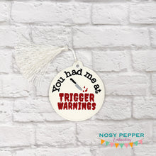 Load image into Gallery viewer, Trigger Warnings bookmark/ornament/bag tag machine embroidery design DIGITAL DOWNLOAD