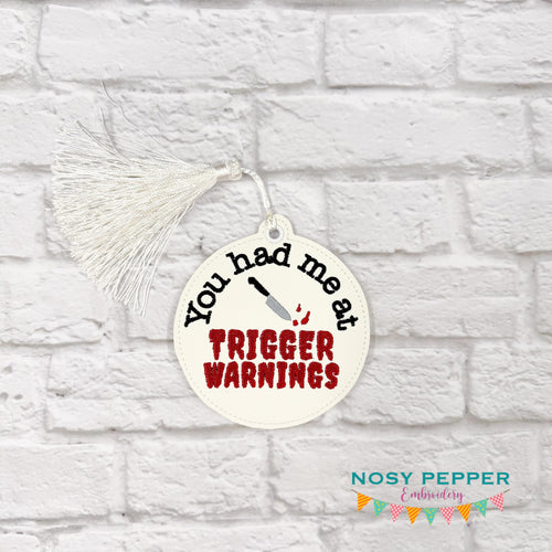 Trigger Warnings bookmark/ornament/bag tag machine embroidery design DIGITAL DOWNLOAD