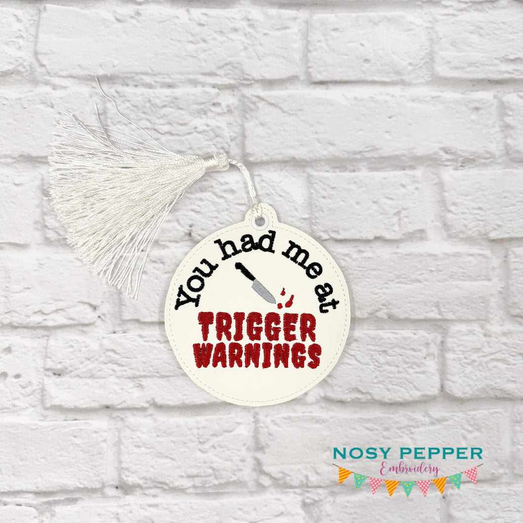 Trigger Warnings bookmark/ornament/bag tag machine embroidery design DIGITAL DOWNLOAD